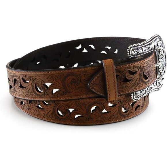 Women's Brown Leather Belt with Scroll Cutouts and Interchangeable Buckle - Picture 2 of 6